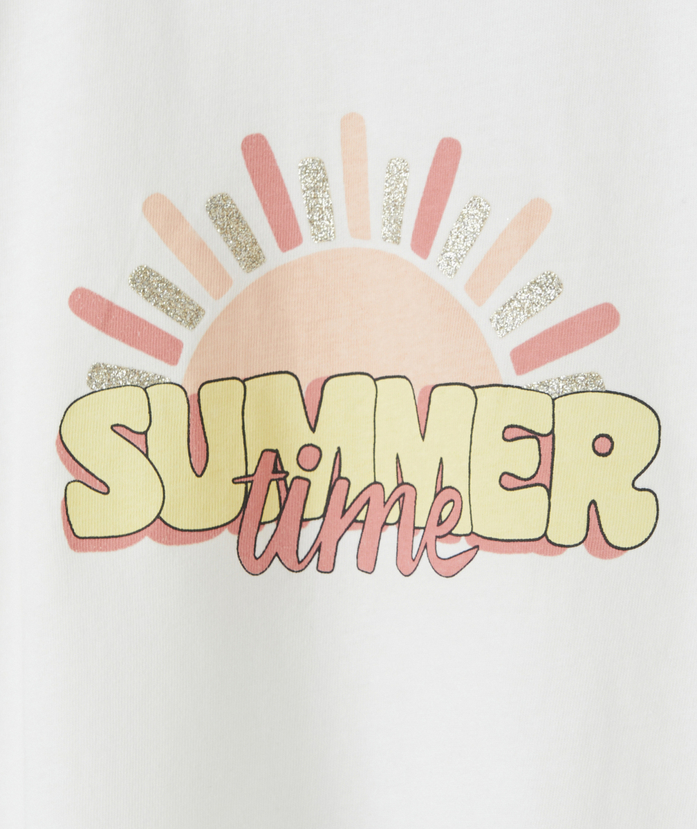 T-SHIRT FILLE EN COTON BIO BLANC AVEC MESSAGE SUMMER TIME ET SOLEIL