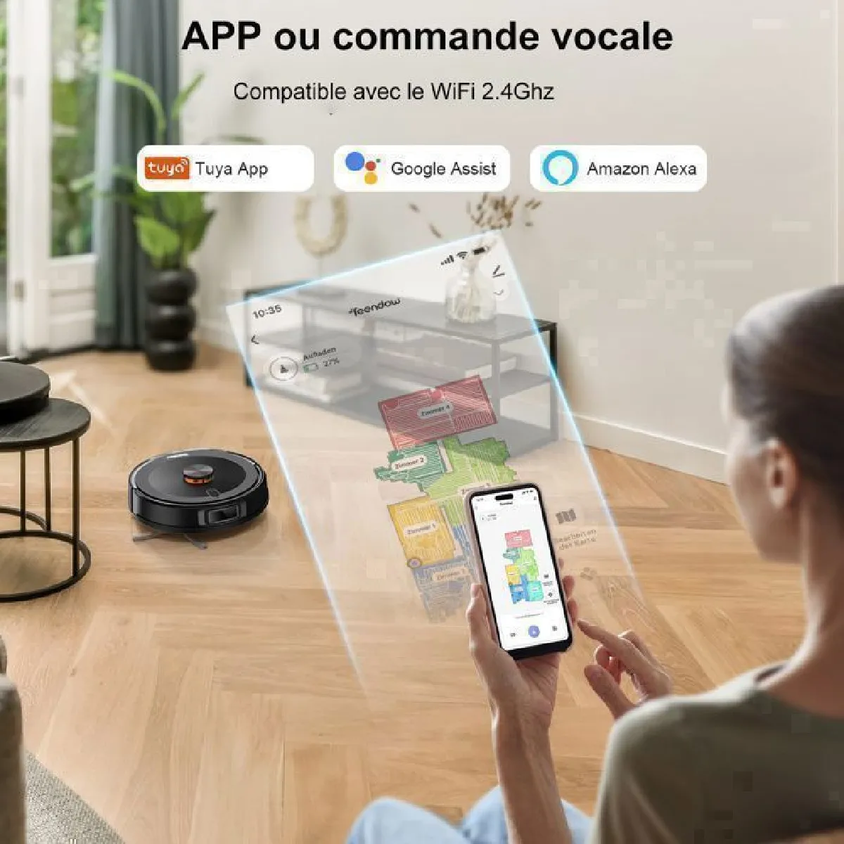 Teendow Robot Aspirateur Laveur, 3000Pa Robot Aspirateur sans Fil, 2600mAH/120Min, Wi-Fi/Application/Télécommande