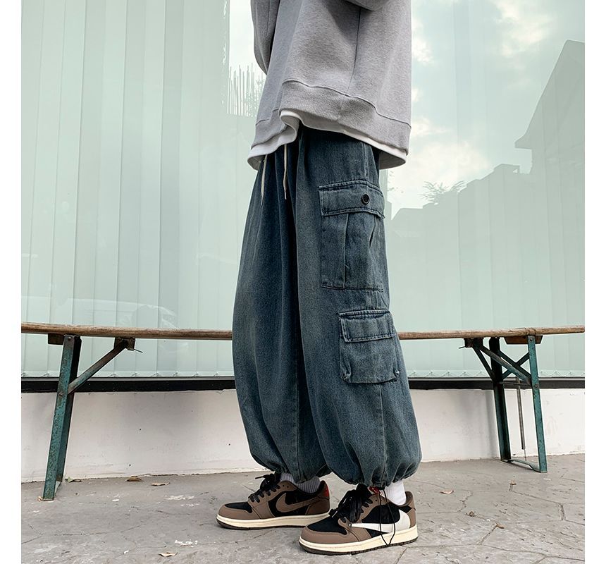 Trimecca - Mid Rise Washed Wide Leg Cargo Jeans