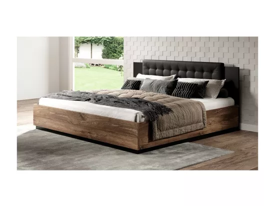 Chambre complète FOX – Lit coffre 180x200, sommier inclus, Armoire, Commode, Chevets – Chêne foncé