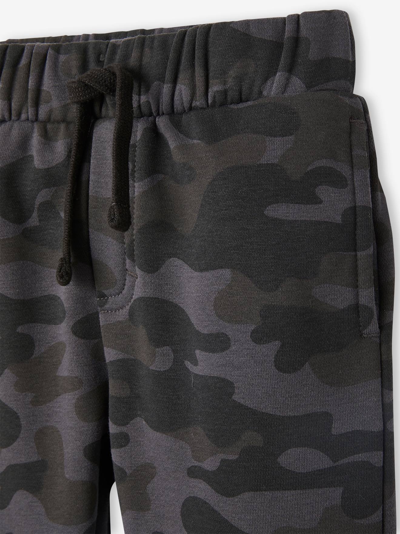 Calças de moletom pretas estampadas e camufladas para meninos
