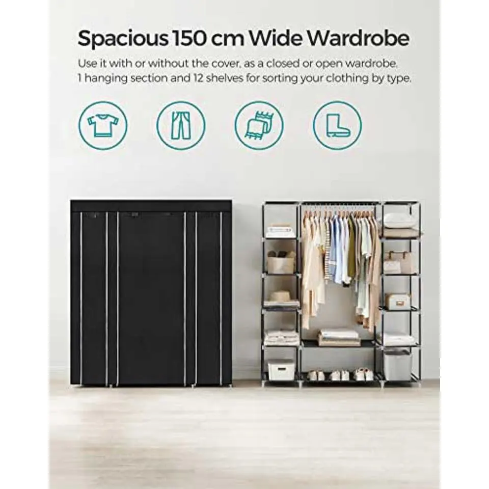 Draagbare kledingkast, opvouwbare kast, 150x45x175 cm, zwart