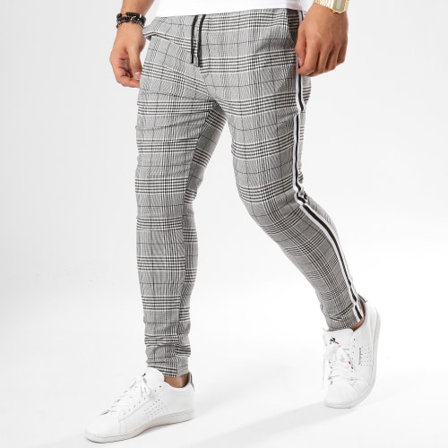 Pantalon Carreaux Avec Bandes T3296 Gris Noir Blanc