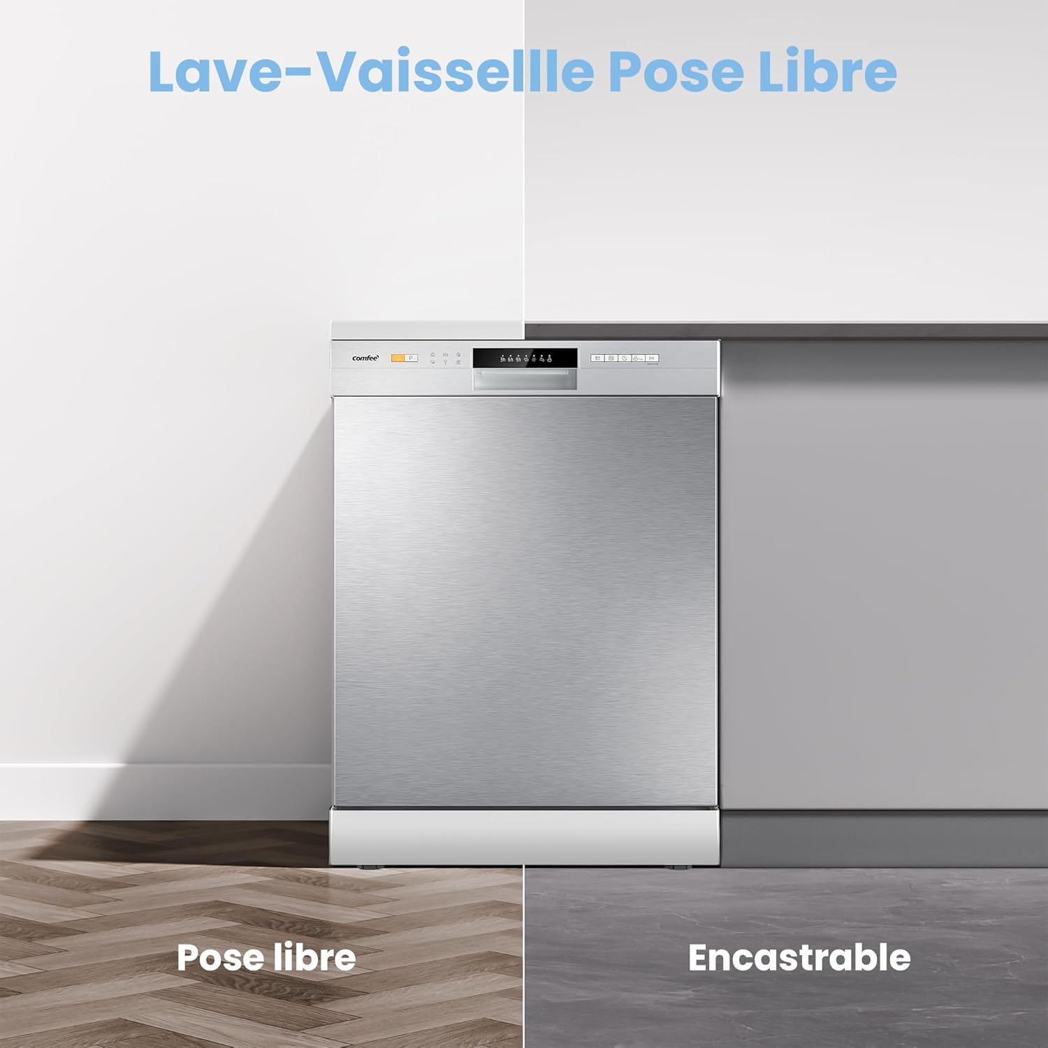 COMFEE' CDWPF1201PS Geschirrspüler freistehend, 60 cm, 12 Gedecke, Startzeitvorwahl, Halblast-Funktion, flexible Körbe, Edelstahl, 49 dB, Bedienung über Tasten