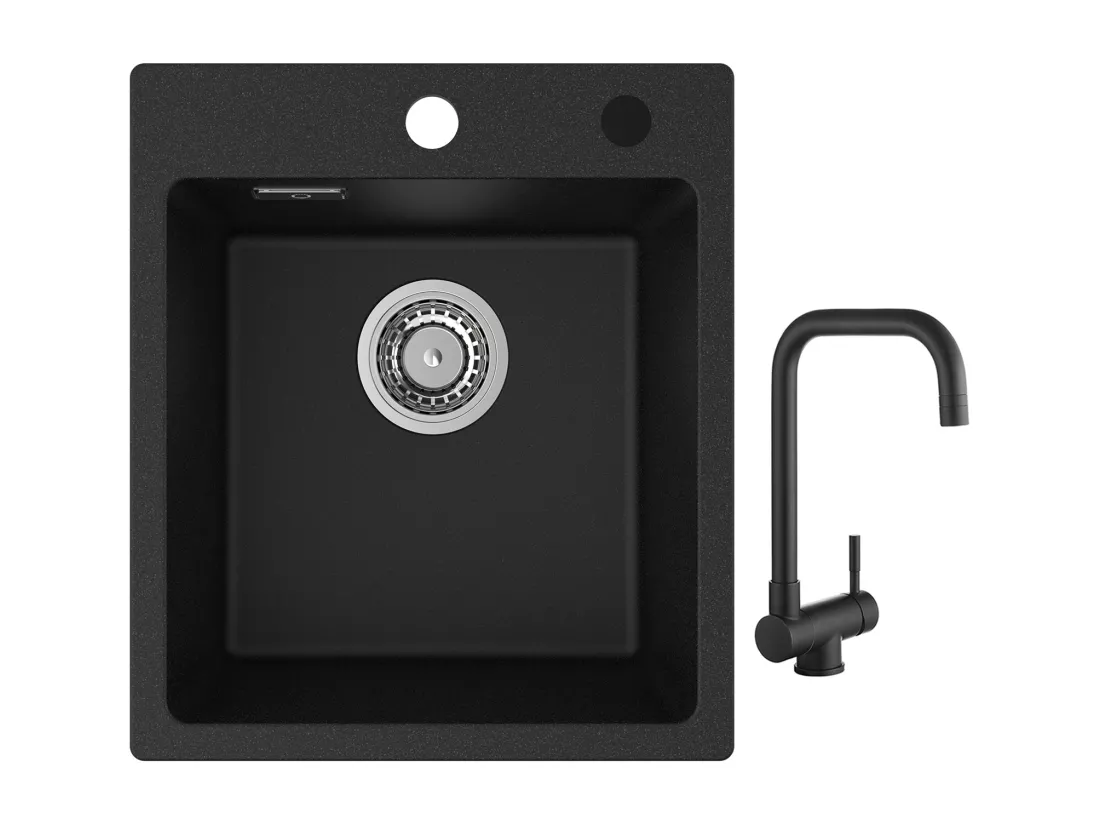Cecipa max 40x45cm Evier de Cuisine en Quartz et Résine Evier Quartz 1 Bac Noir + Cuisine Rabattable Robinet Pliable Mitigeur Sous Fenêtre Noir