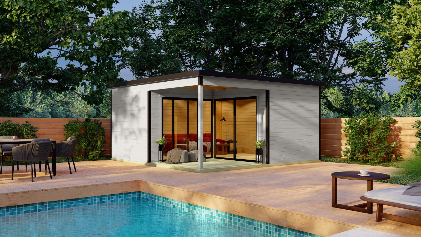 Gartenhaus DOMEO 6 LOGGIA - lichtgrau-anthrazit - Fichte massiv - 500x500 cm