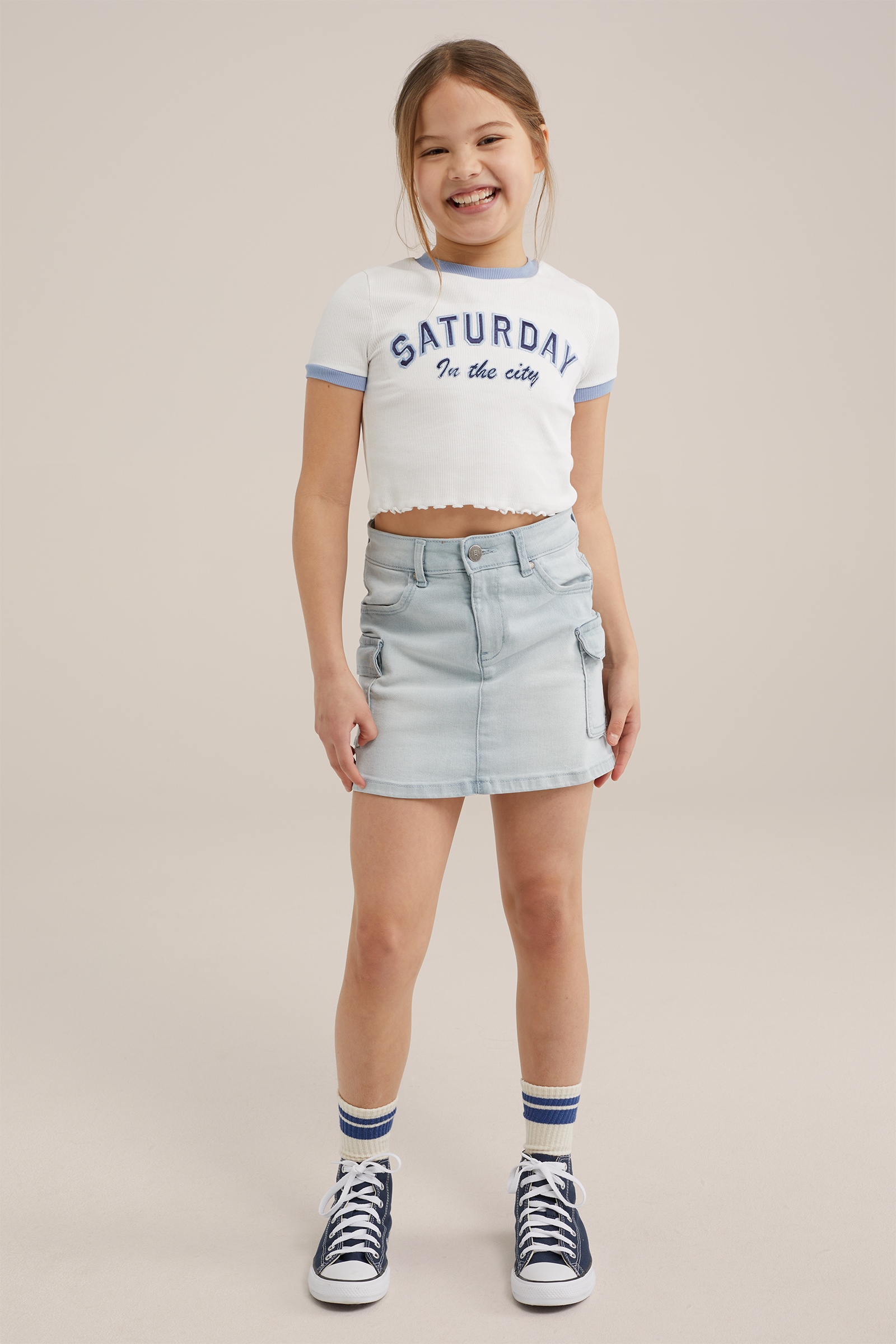 Meisjes cropped T-shirt van ribstof WE Fashion Wit