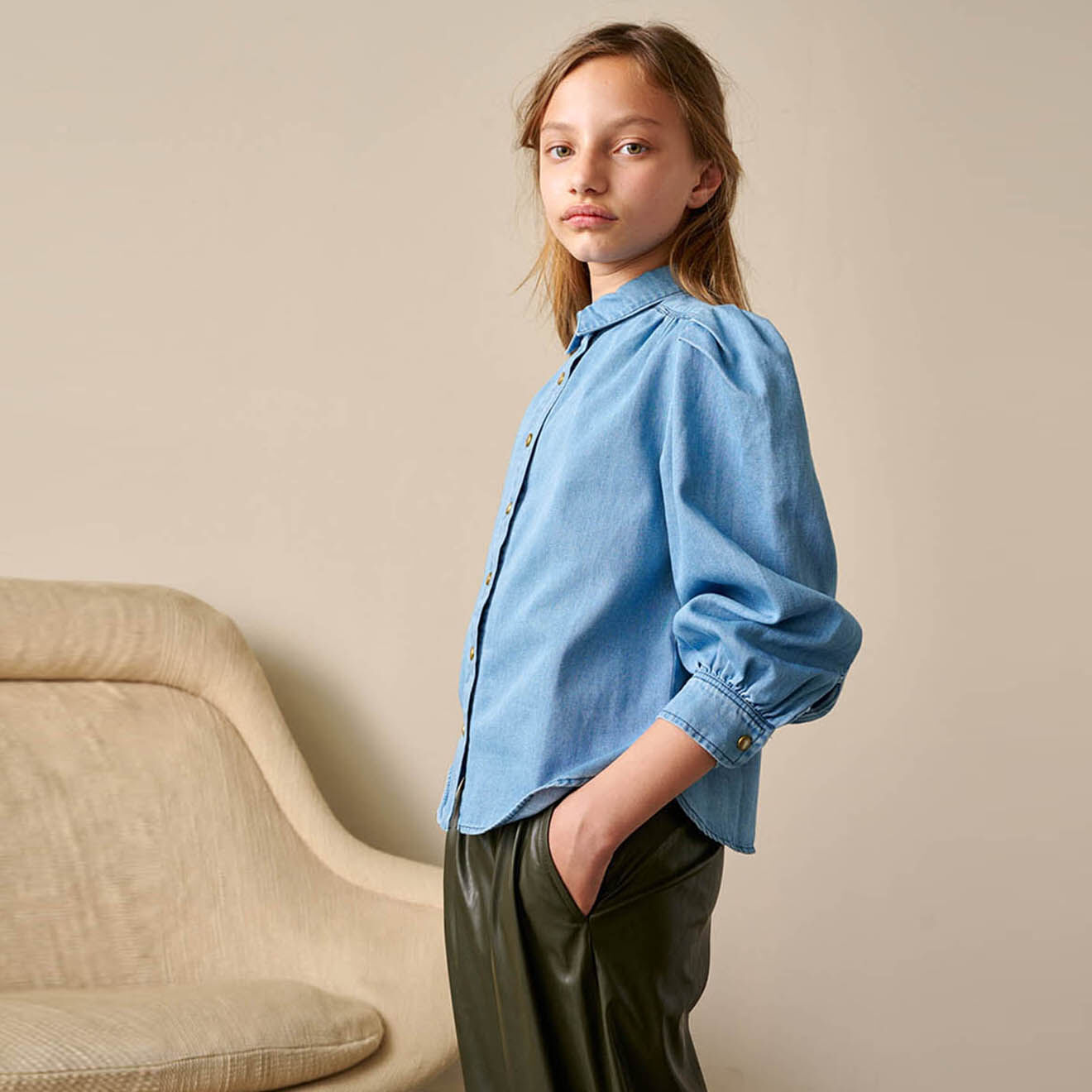 Bellerose Chemise Avatar fluide épaules bouffantes bleue