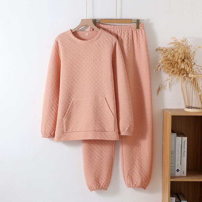 Somnus - Pyjamaset: Sweatshirt met ronde hals en pied-de-poulemotief + Broek met rechte pijpen en elastische taille