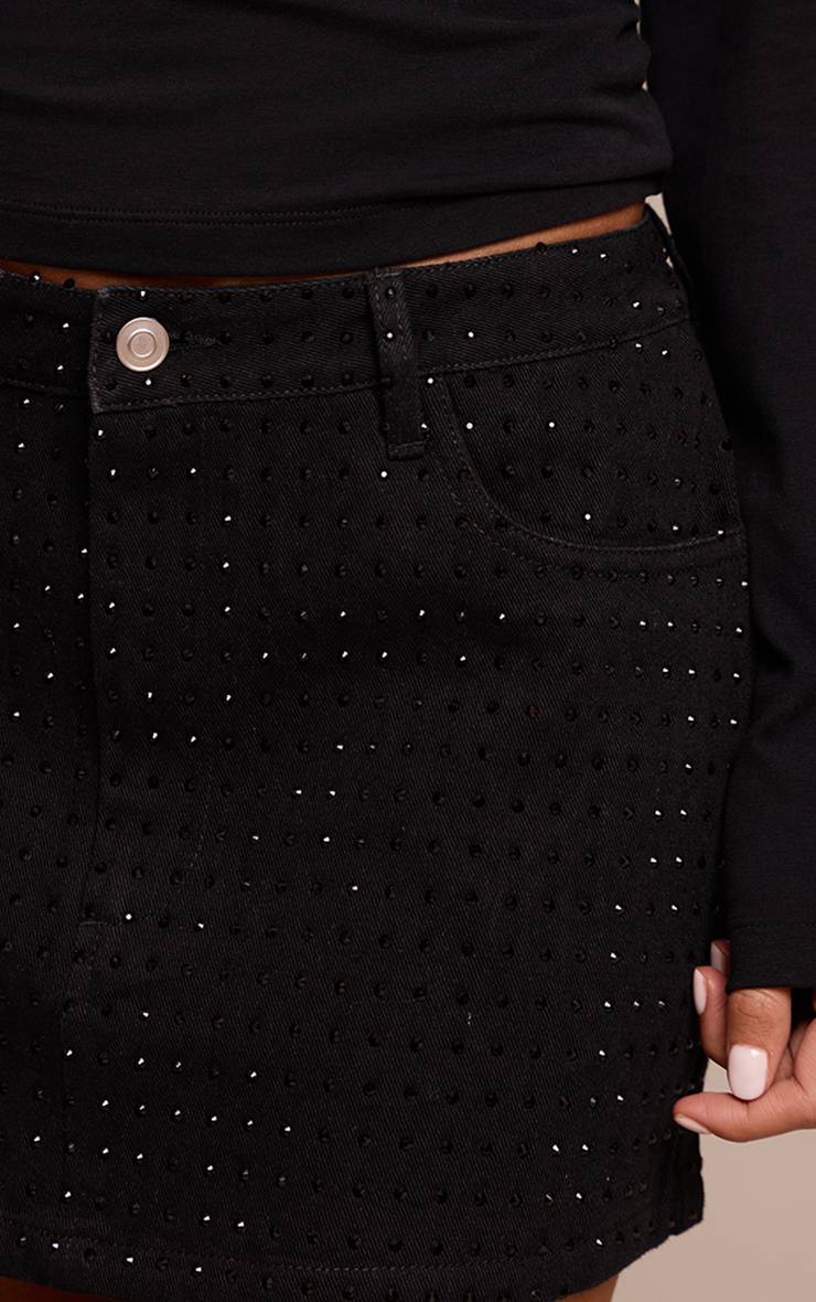 Noir Jupe En Jean Micro Mini Taille Mi-haute Avec Ornements Hotfix
