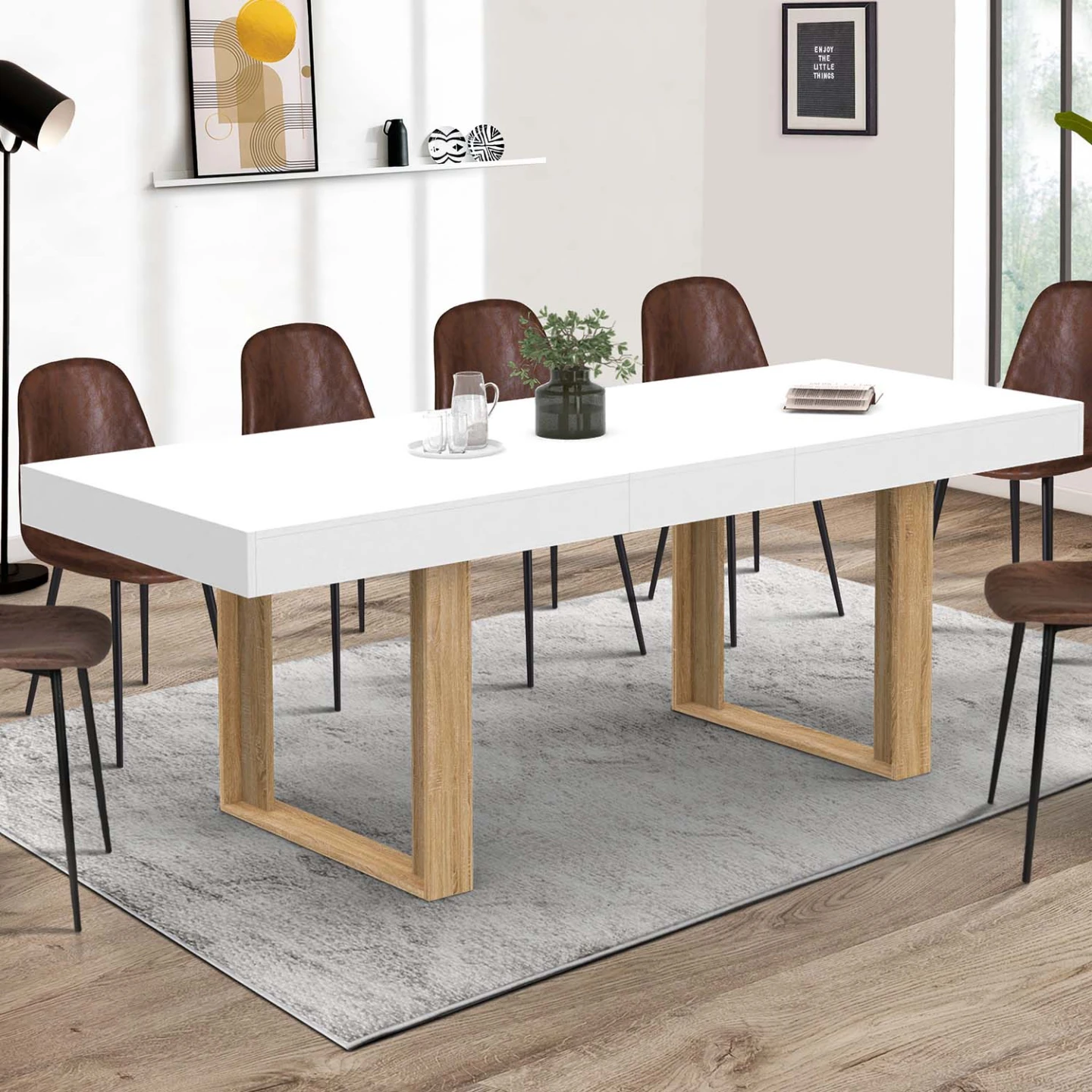 Table à manger extensible rectangle PHOENIX 4-8 personnes blanc pieds bois 160-200 cm