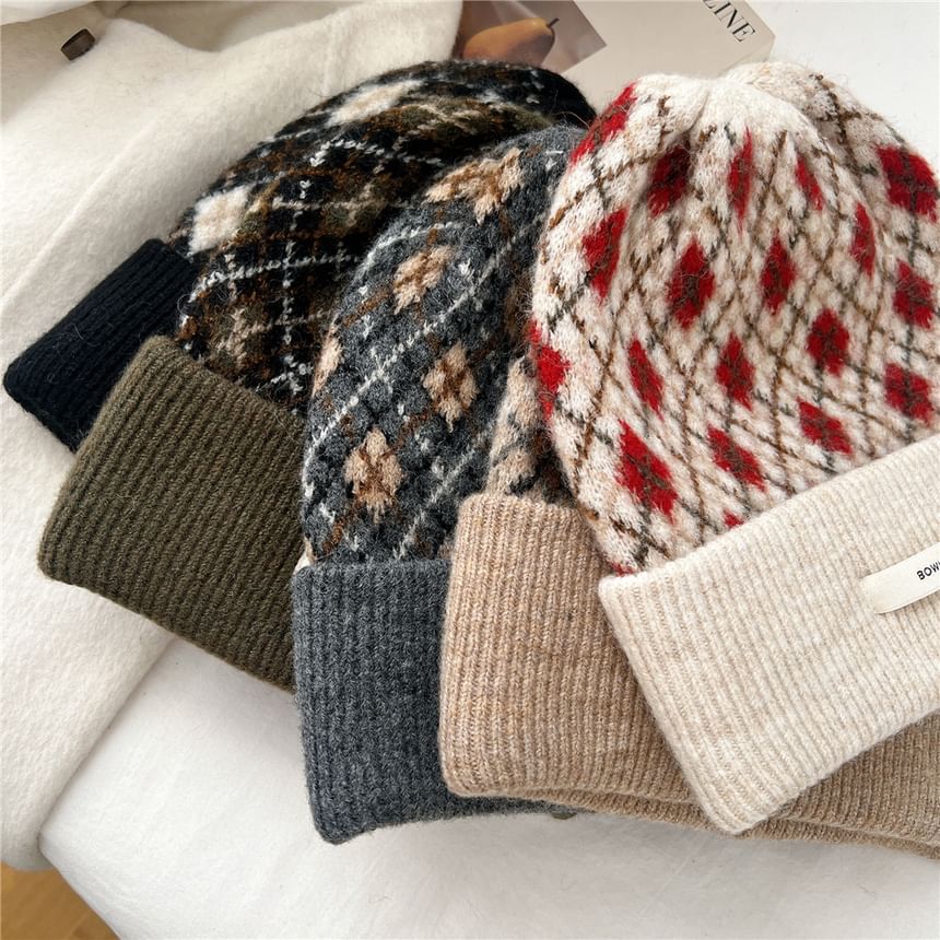 LANWO - Argyle appliqué gebreide muts