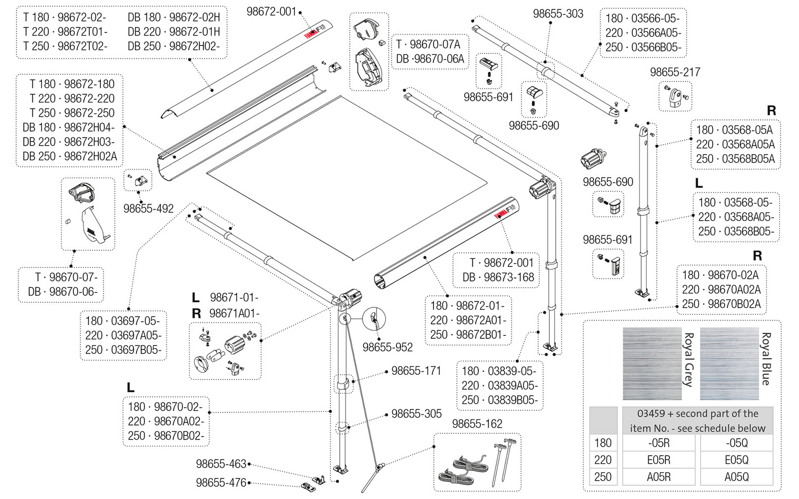 Fiamma Spannstange und Stützfuß 250 links für F35 Pro 13 Fiamma Artikelnummer 98670B02-