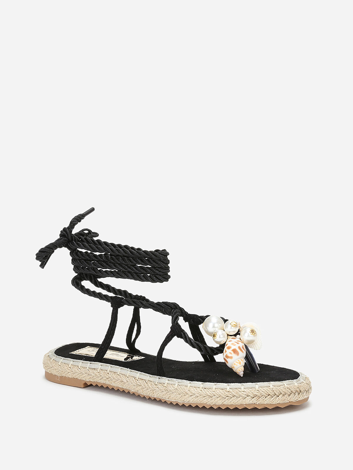 Nu-pieds en suédine à perles et coquillages- Noir