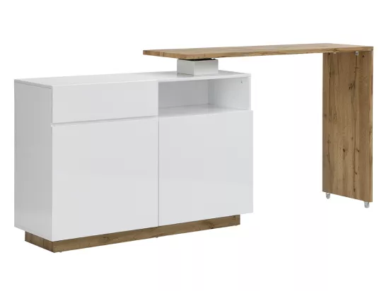 Meuble de bar pivotant avec 2 portes, 1 tiroir et 1 niche en MDF - Blanc laqué et Naturel - ELDIR