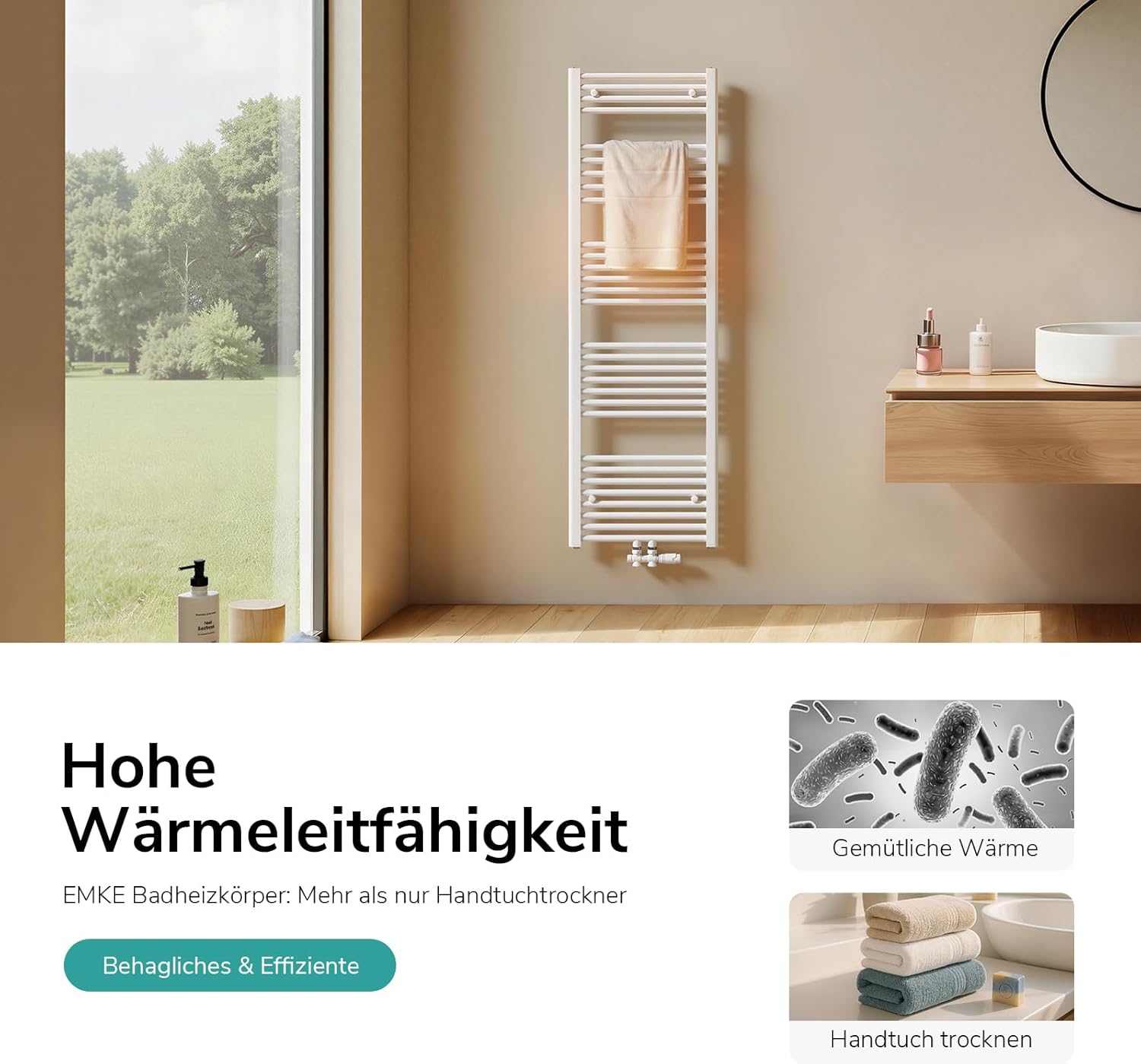 EMKE Badheizkörper Gerade 160x60 cm - Handtuchheizkörper mit Mittelanschluss, Effizienter Handtuchwärmer Handtuchtrockner Handtuch Heizkörper Bad, Weiß, 762W