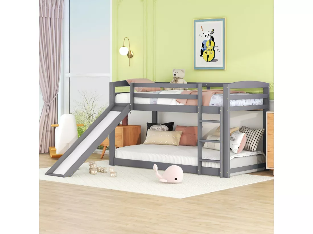 Lit superposé 90 x 200 cm - Avec toboggan et escalier - Pin - Charge max 120 kg - Gris