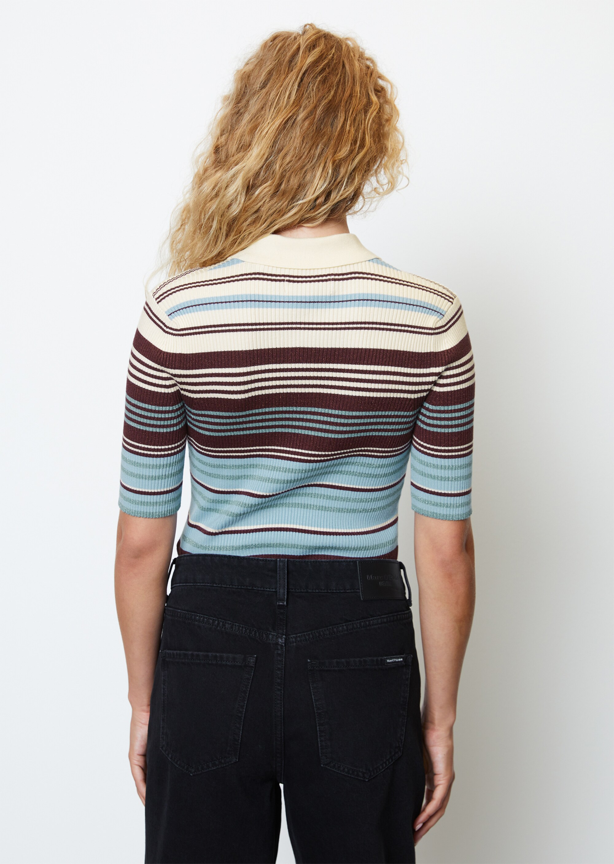 Rippstrick-Poloshirt fittedmit glitzerndem Lamé-Garn