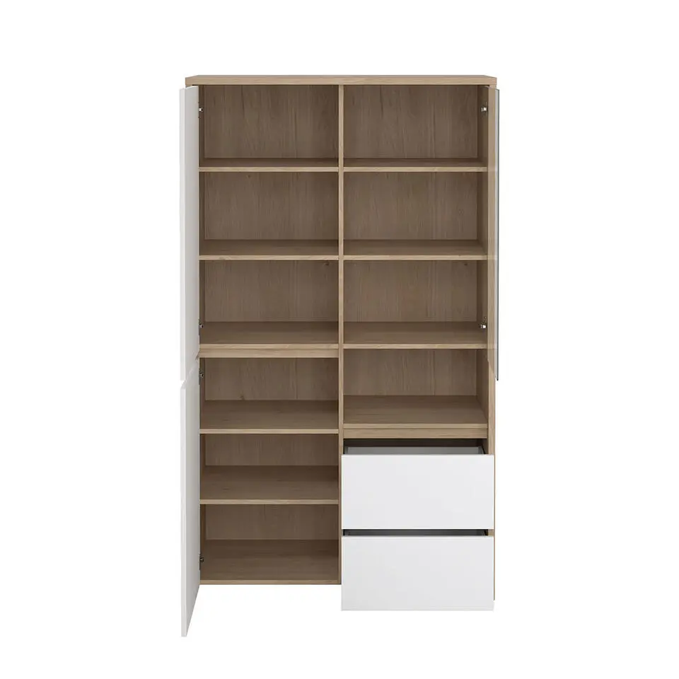 Hioshop Next vitrinekast 3 deuren- 2 lades- 1 plank eiken decor- wit hoogglans