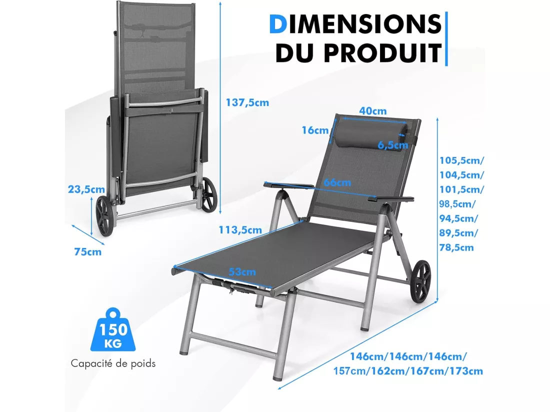 Chaise Longue de Jardin Inclinable Pliable en Aluminium avec Roulettes 7 Dossier Réglable Appuie-Tête Amovible Charge 150KG