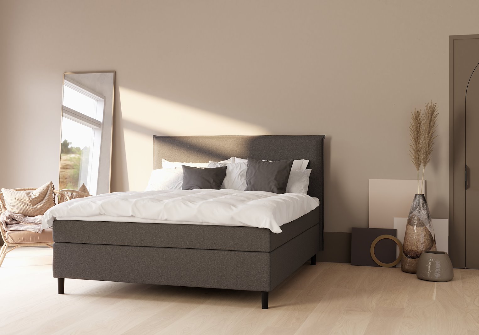 Sensitive 200 kontinentalseng Tekstil Poppy 25 160x200 cm. Medium/Medium med Premium hyperflex overmadrass og Round black ben 13cm. Uten hodegavl.