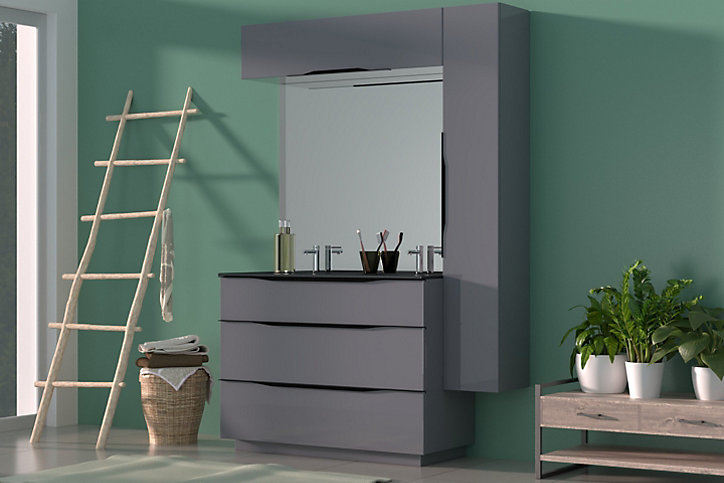 Meuble sous vasque à poser Pamili gris anthracite brillant 120 cm + plan double vasque en résine noir
