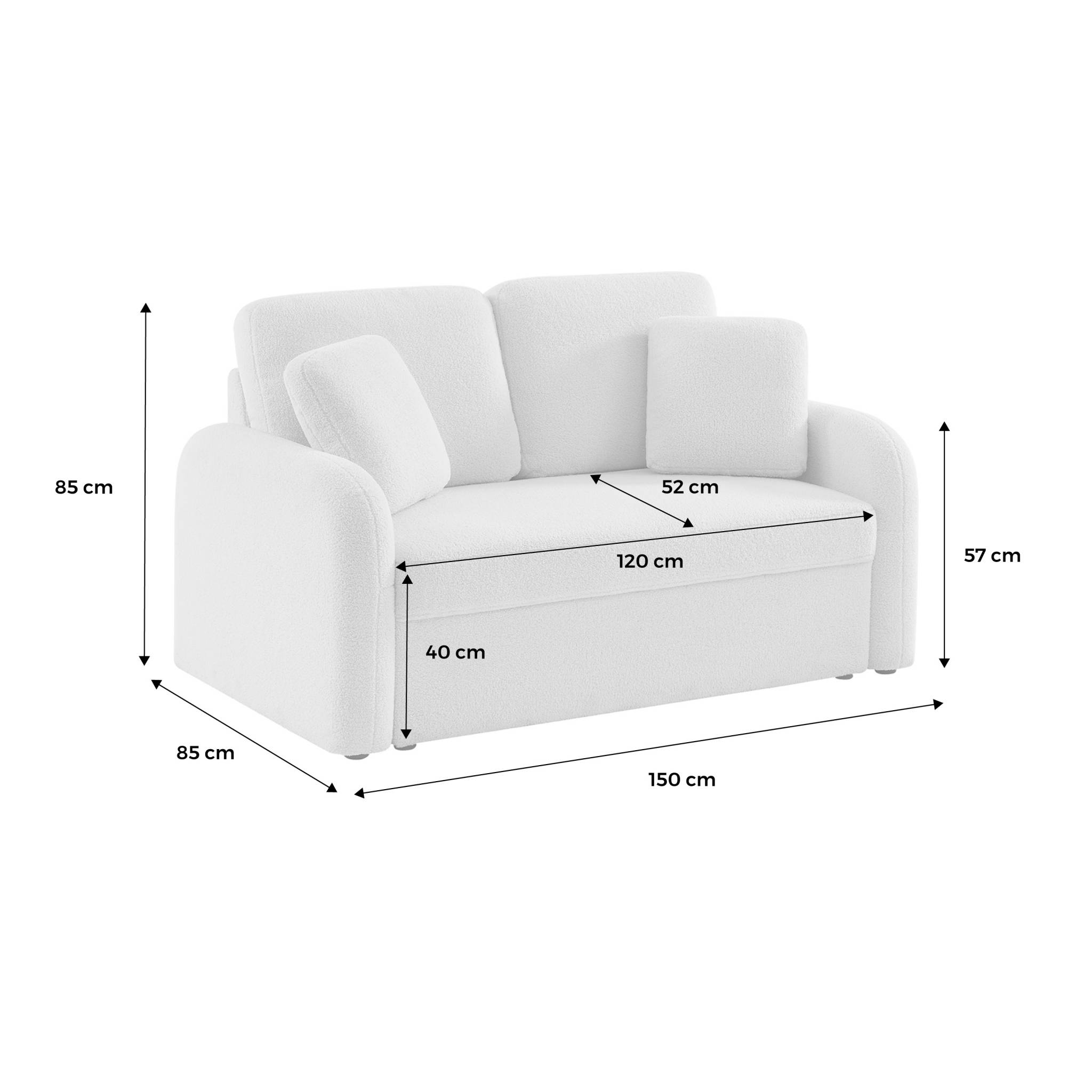 Canapé 2 places cosy rond. Tissu bouclettes blanches. Milano. L 150 x p 85 x h 85cm