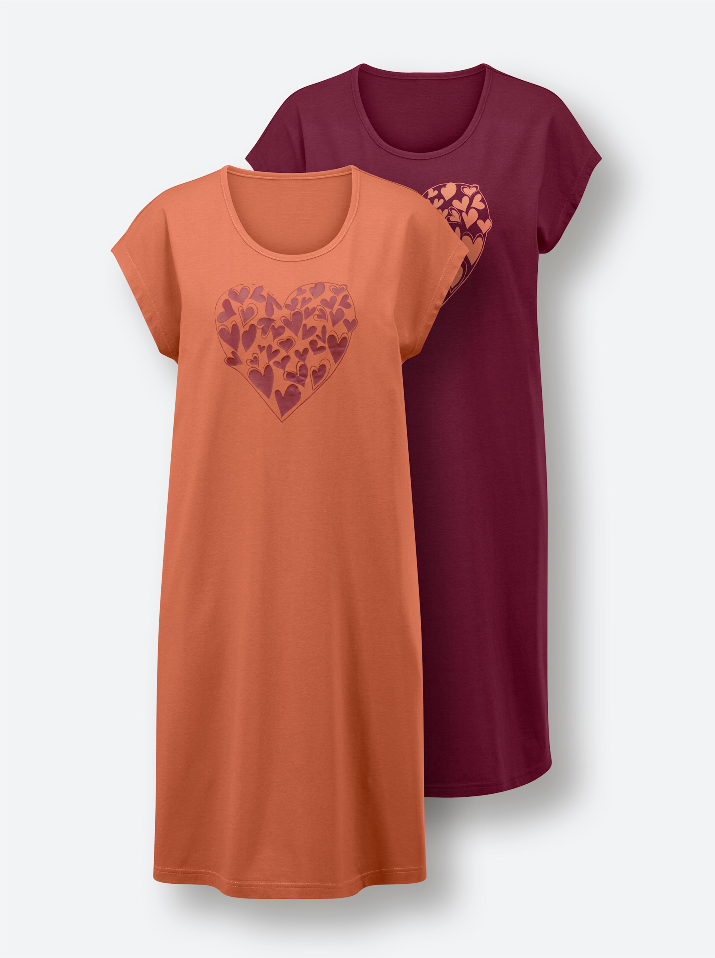 wäschepur Sleepshirts in bordeaux-bedruckt + papaya-bedruckt
