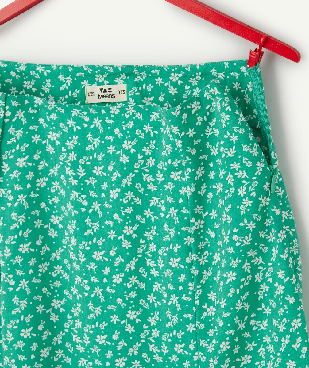 jupe mi-longue fille en viscose responsable verte imprimée à fleurs