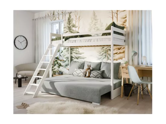 Lit Mezzanine et Canapé Safino 90x200/140x200 Blanc-Gris avec Rangement - Style Contemporain