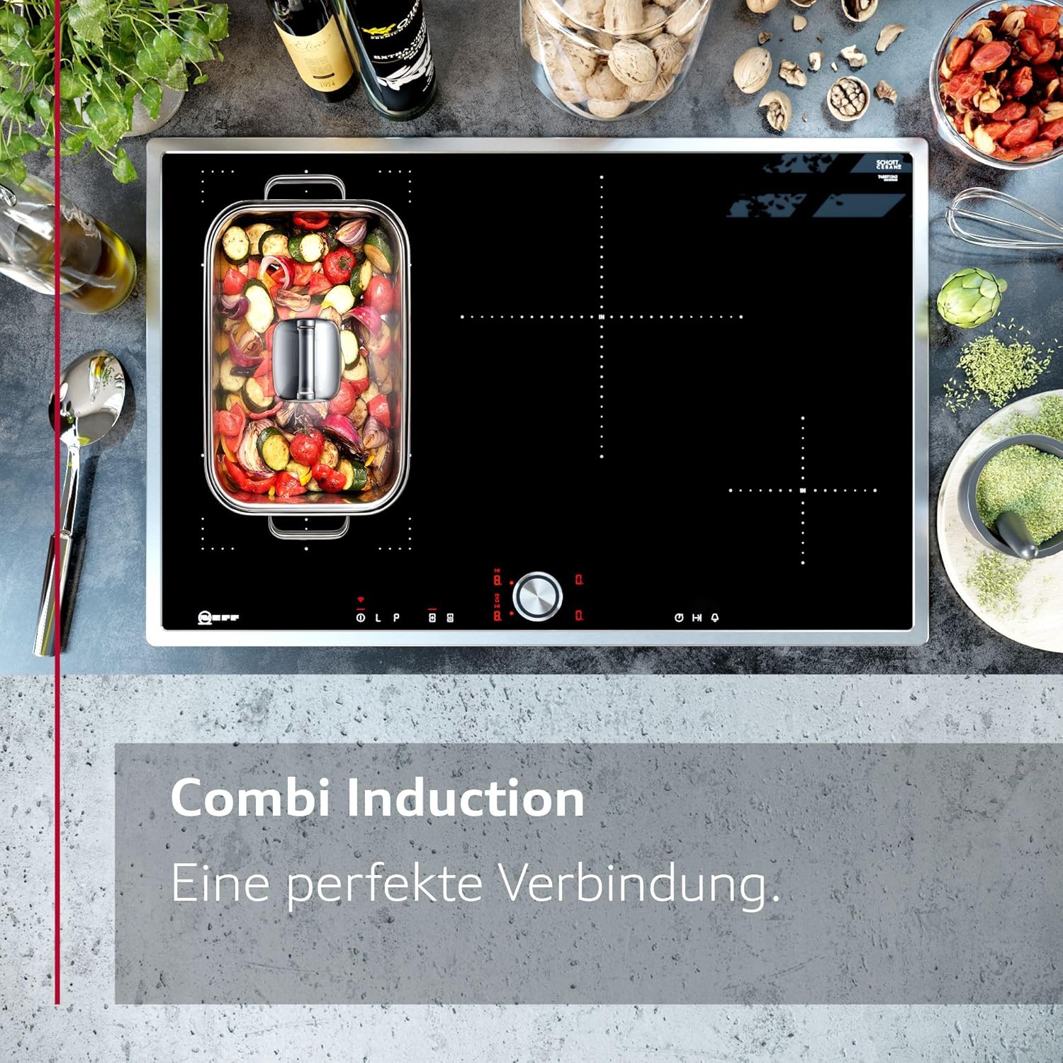 NEFF T58SHW1L0, N 70, Induktionskochfeld, autarkes Glaskeramik-Kochfeld 80 cm breit, Twist Touch, Combi Induction, Home Connect, Smart Hood Automatic, aufliegend, Schwarz