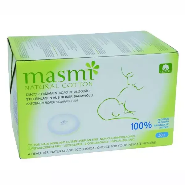 Absorventes de amamentação Masmi em algodão orgânico, 30 unidades.