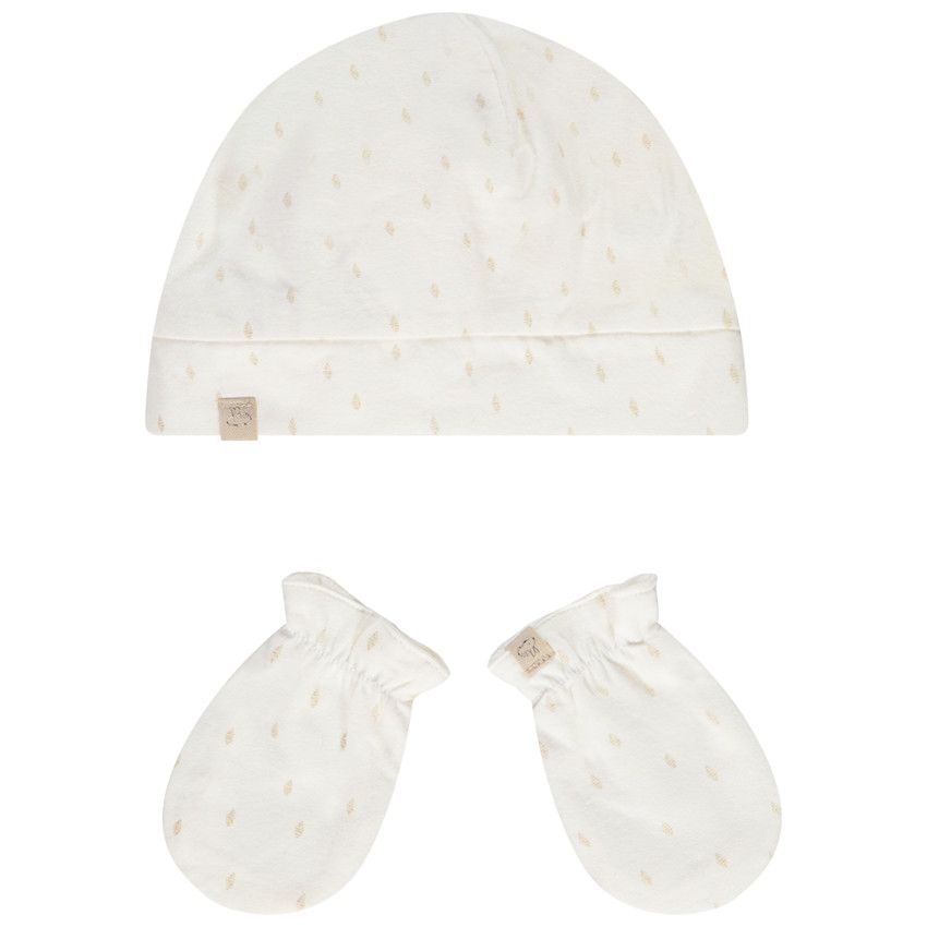 Ensemble bonnet + moufles imprimé fantaisie pour bébé - Ecru