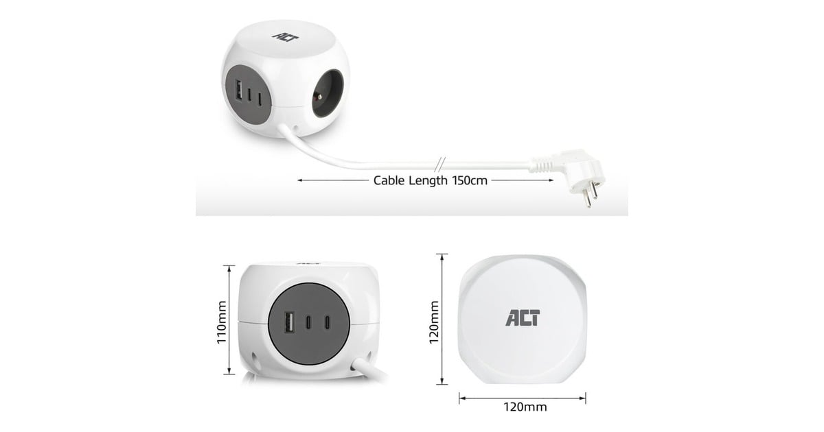 ACT ConnectivityStekkerdoos kubus met 3 stopcontacten, 30W Power Delivery USB-C/A poorten, kabellengte 1,5m stekkerdoos  (Wit, Type E)