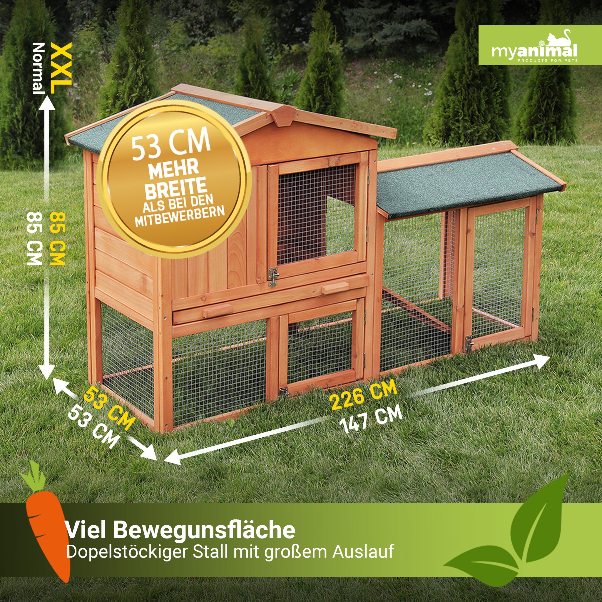 MyAnimal Hasenstall MH-03 Doppelstockhaus mit Garten, Freilauf, abnehmbares Dach, verzinkter Draht (Braun 2.0)