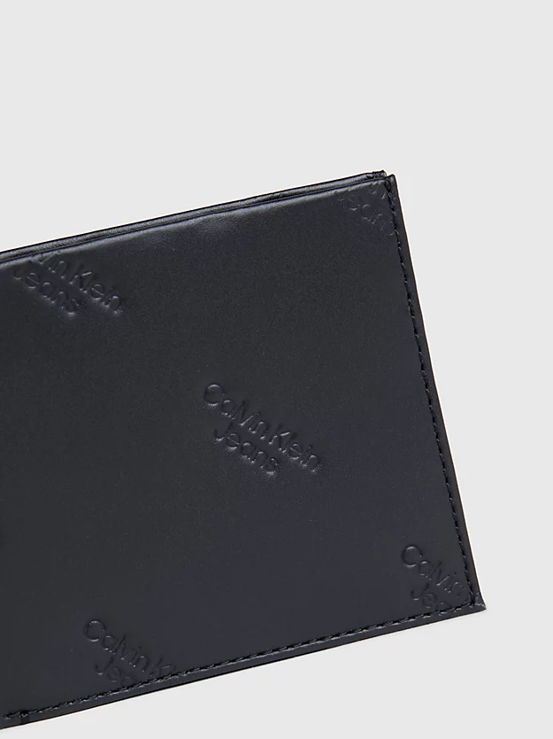 Carteira dobrável em couro com bloqueio RFID e logotipo.