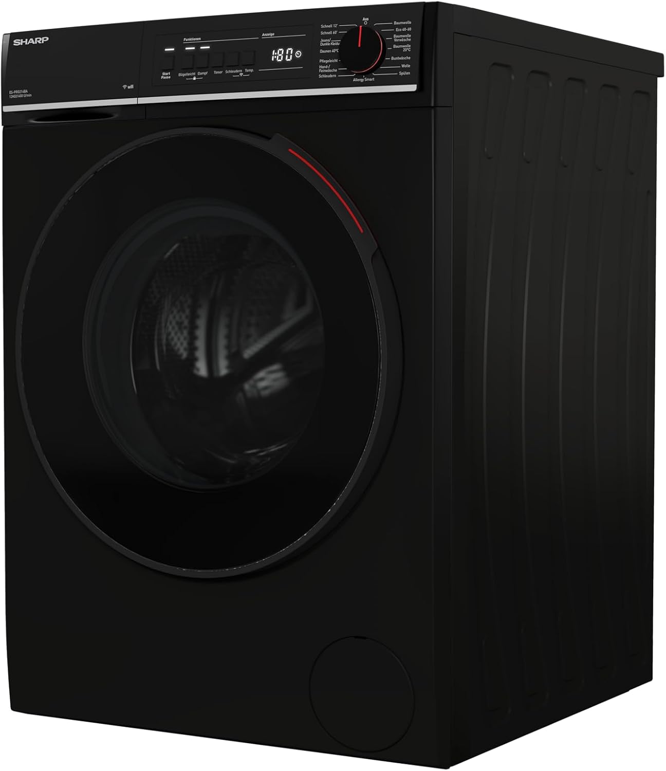 SHARP ES-PRO214BA-DE Waschmaschine Frontlader, 12kg, 1400U/min, Smarte Bedienung durch Veezy App, Dampffunktion, Inverter, 15 Programme, AquaStop, Schwarz