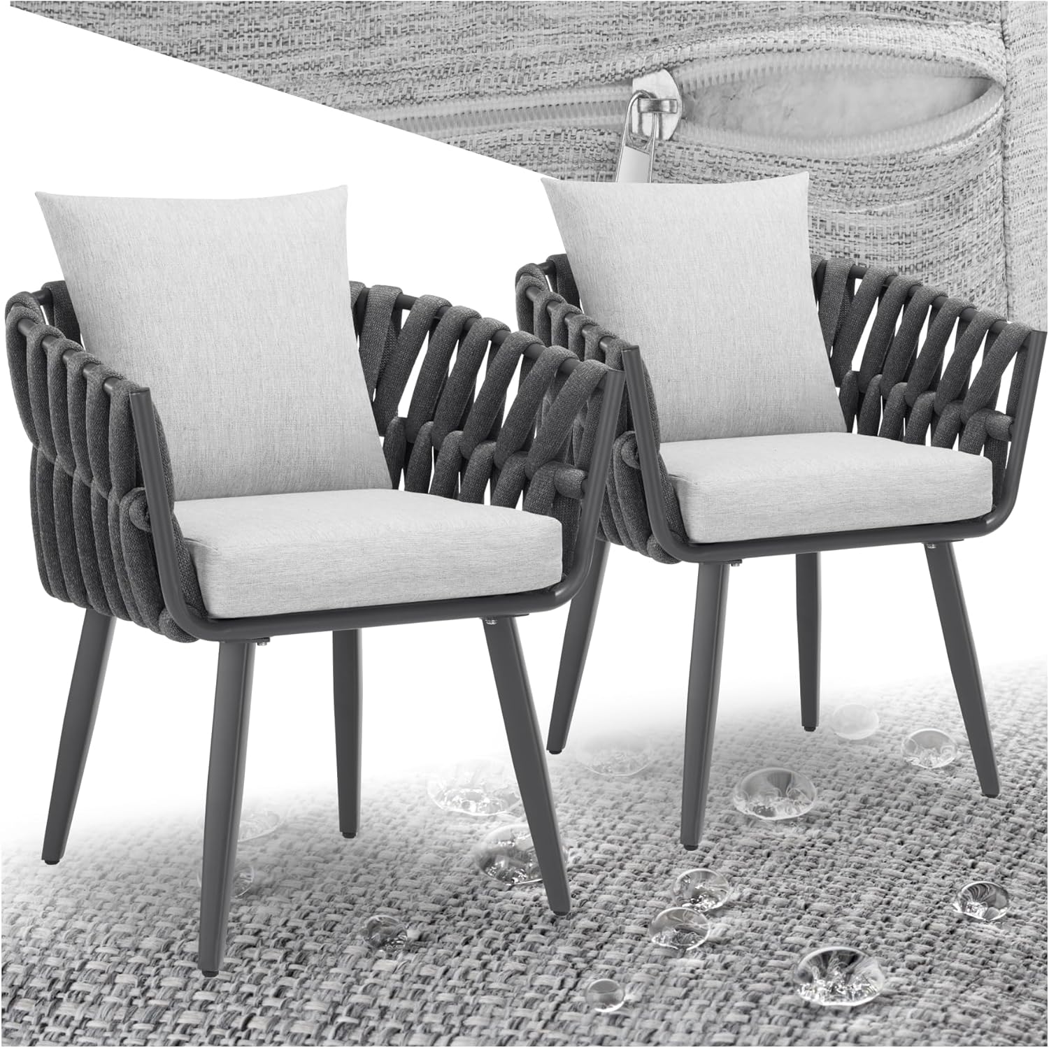 tectake® Balkonmöbel Set, 2X Gartenstuhl, Stühle aus Metall, Gartenstühle mit Rücken Kissen und Sitzpolster, Outdoor Sessel Rope Design, für Balkon und Garten, als Terrassenmöbel