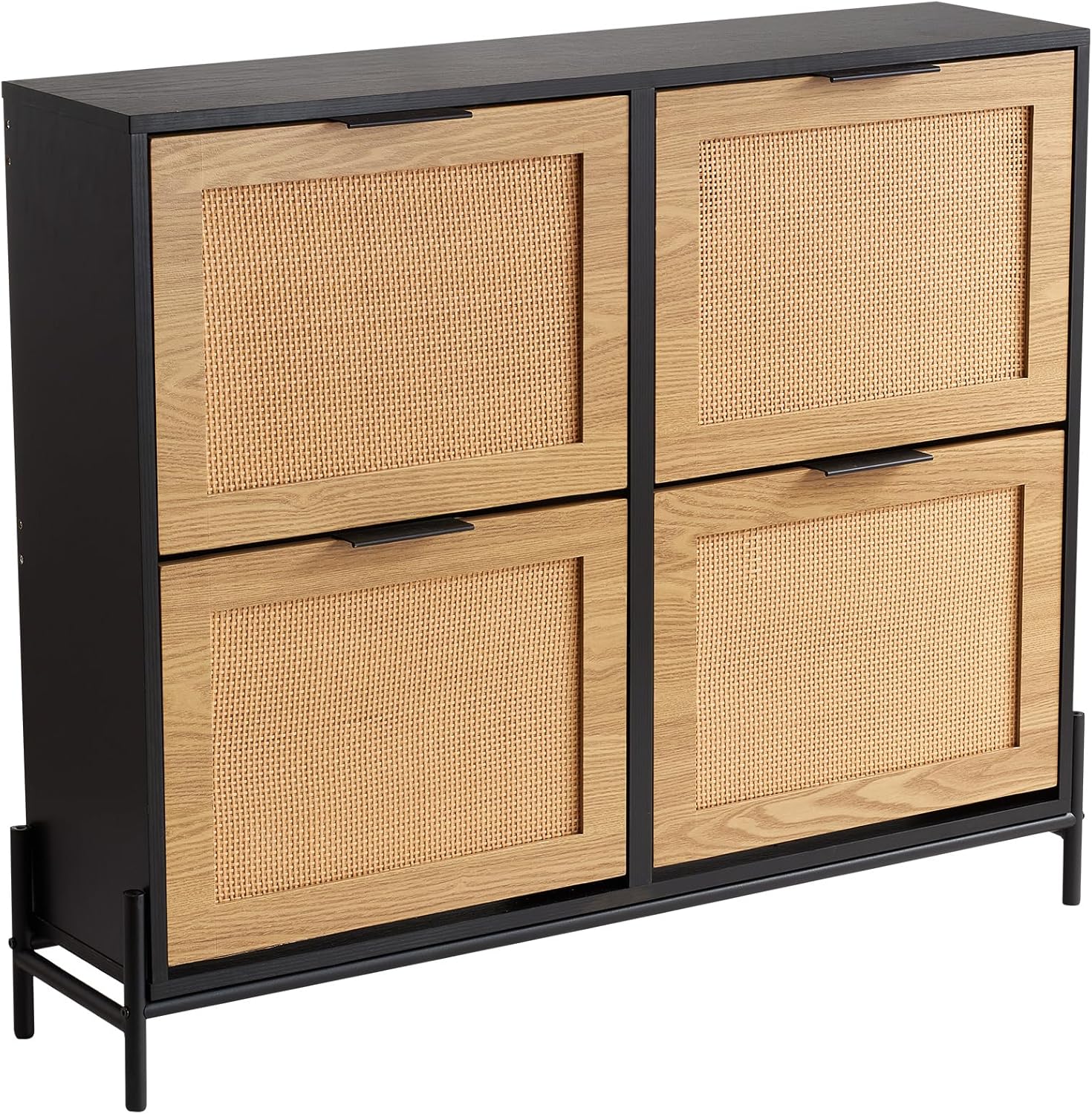 VEVOR Schuhschrank Schuhkommode aus Rattan mit 4 Klappschubladen, Schuhschrank Schuhregal Schuhkipper für den Eingangsbereich mit Metallbeinen, ideal für Eingangsbereich Flur Diele helle Holzfarbe