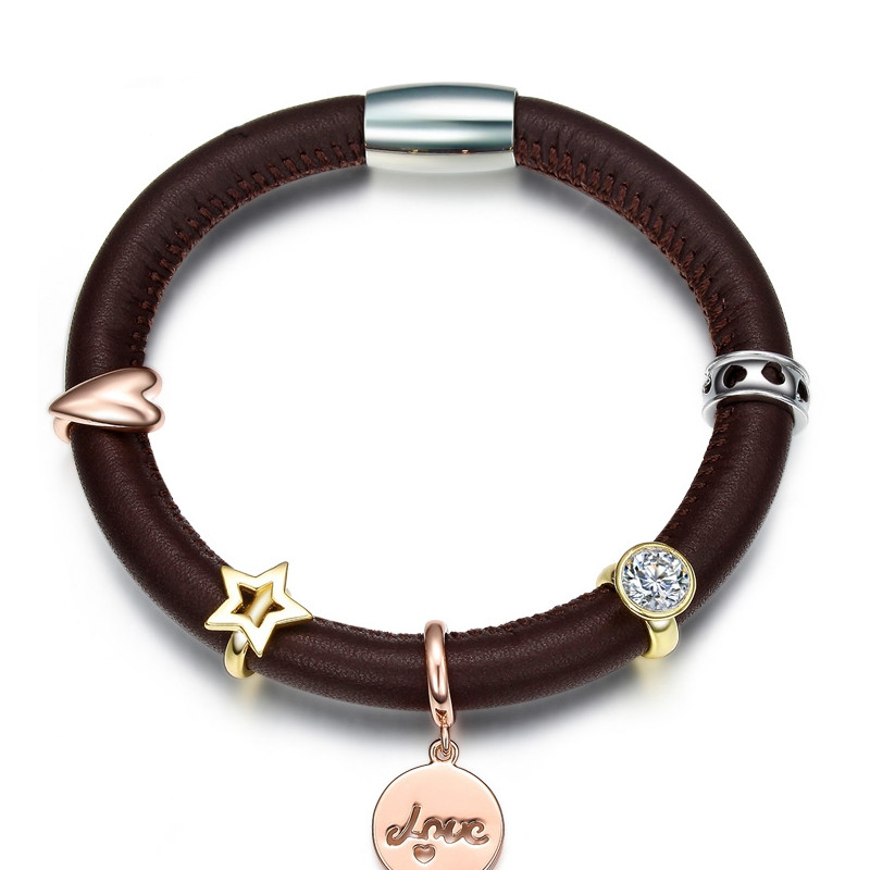 Bracelet Double Rang Charm's en Cuir Marron et Acier Inoxydable
