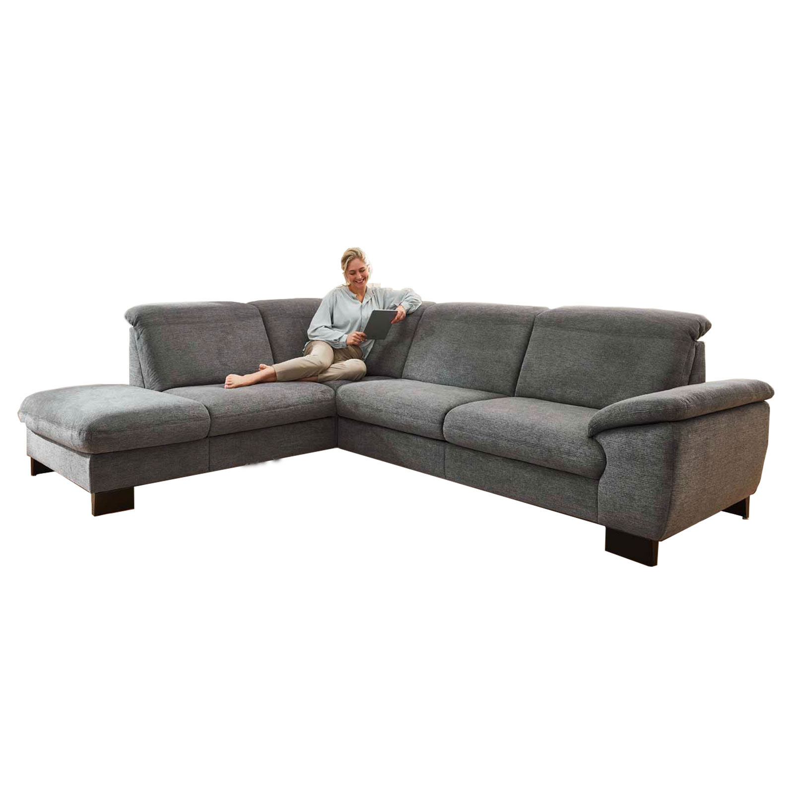 polsterpower Ecksofa - anthrazit - mit Funktionen - Anstellhocker links