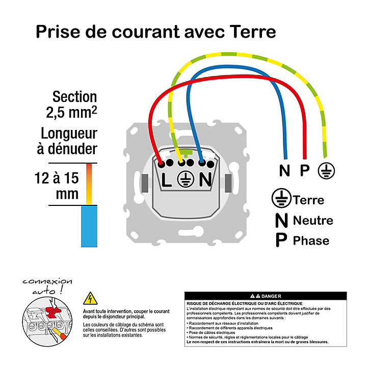 Prise 2 pôles + terre affleurante connexion rapide Odace Schneider Electric aluminium