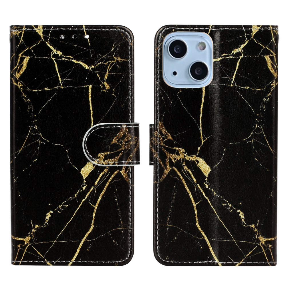 iPhone 13 Leder Tasche Flip Cover Marmor Marble - Schwarz / Gold
