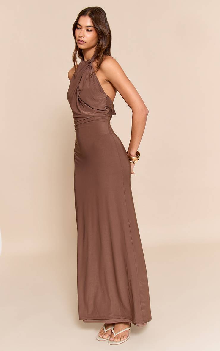 Chocolat Robe Longue Dos Nu À Double Couche En Tissu Slinky