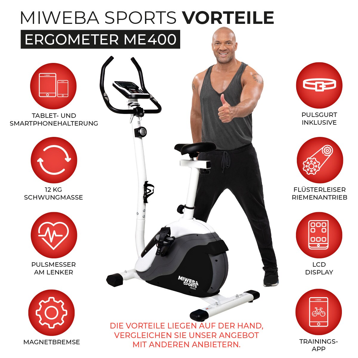 Miweba Sports Ergometer ME400, Fahrradergometer für zuhause, sitzend, 12 kg Schwungmasse (Schwarz Weiß)