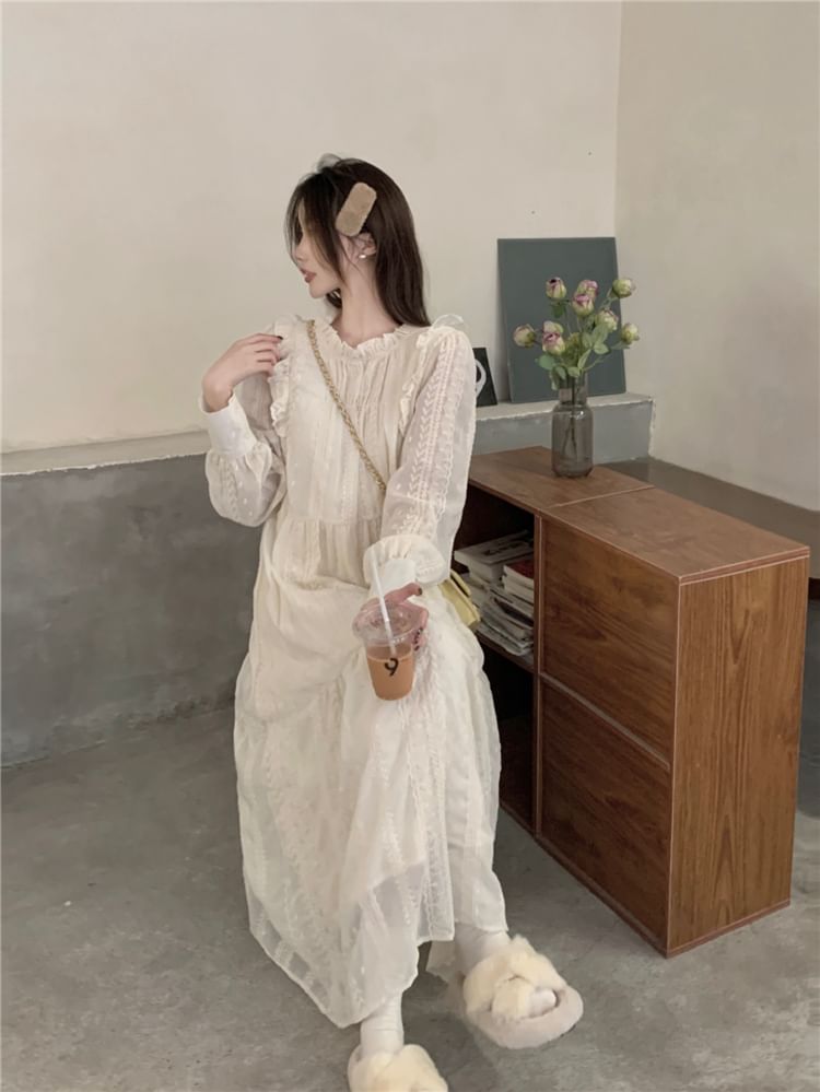 DiBi - Lange mouwen ronde hals effen geborduurde chiffon maxi A-lijn jurk