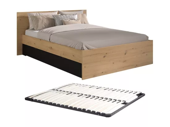 Lit avec 2 tiroirs 160 x 200 cm - Coloris : Naturel et noir + Sommier - VARLY