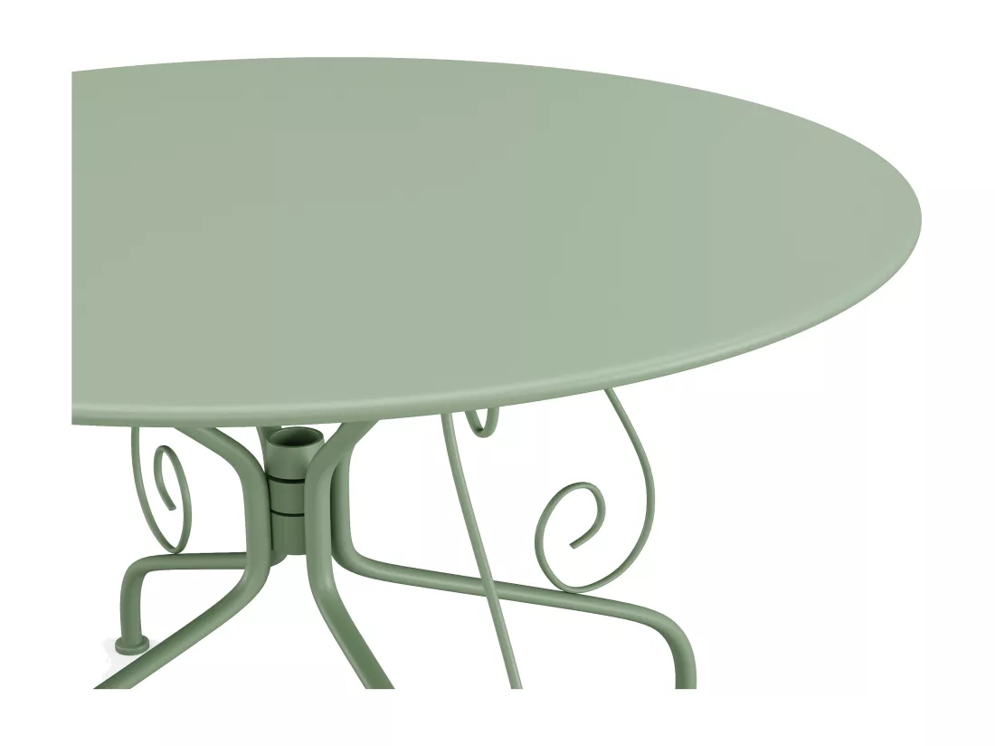 Salle à manger de jardin en métal façon fer forgé : une table D.120cm et 4 fauteuils empilables - Vert amande - GUERMANTES de MYLIA