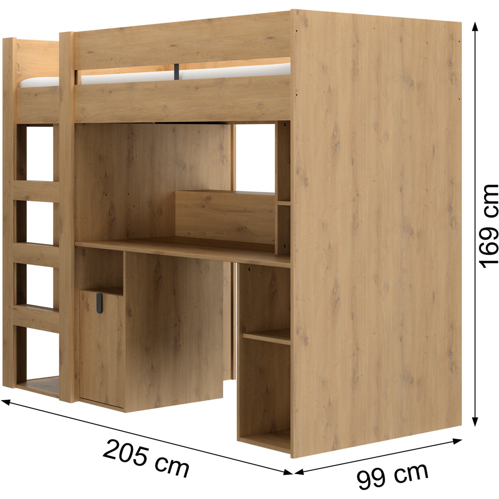 Hochbett Lugano Eiche Artisan 90 x 200 cm