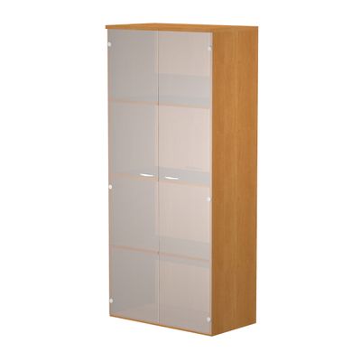 Bibliothèque haute Trend - L80xP35xH180 cm - 2 portes en verre dépoli - imitation noyer clair